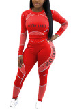 Red Fashion Casual Adult Polyester Print Split Joint Letter O Neck Long Sleeve Regular Sleeve Short Two Pieces