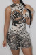 Brown Sexy Print Hollowed Out Half A Turtleneck Skinny Romper
