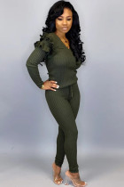 Dark green venetian Casual ruffle Two Piece Suits Solid pencil Long Sleeve Two-piece Pants Set