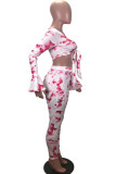Pink Sexy Daily Print Tie-dye V Neck Long Sleeve Two Pieces