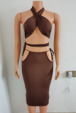 Beige Sexy Solid Hollowed Out Strapless Sleeveless Two Pieces