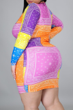 Multi-color Casual Print Patchwork Zipper Collar Pencil Skirt Dresses