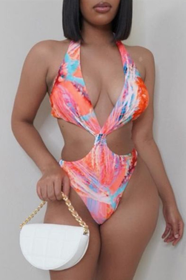 Red Fashion Sexy Print Backless Strap Design Swimwears