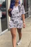 White Casual Newspaper pencil Short Sleeve