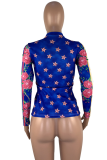 Blue Sexy Print Patchwork Turtleneck Tops