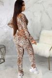 Shallow yellow Polyester Sexy Two Piece Suits Print Patchwork Zippered Skinny Long Sleeve