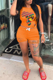 Orange venetian Fashion Casual Print Burn-out Two Piece Suits Straight Short Sleeve Two Pieces