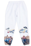 White Casual Print Patchwork Straight Mid Waist Straight Positioning Print Bottoms