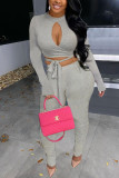Grey Sexy Solid Hollowed Out Patchwork O Neck Long Sleeve Two Pieces