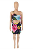 Black Fashion Sexy Print Backless Strap Design One Shoulder Sleeveless Two Pieces