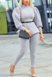 Grey Casual Solid Turtleneck Long Sleeve Two Pieces