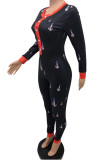 Black Street Print O Neck Skinny Jumpsuits