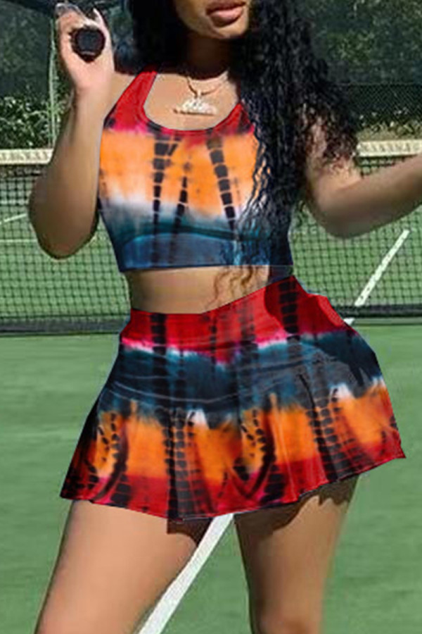Red Sexy Casual Tie Dye Printing U Neck Sleeveless Two Pieces