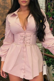 Pink Sexy Solid Patchwork Turndown Collar Waist Skirt Dresses