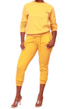 Yellow Fashion Daily Adult Polyester Solid Draw String O Neck Long Sleeve Regular Sleeve Regular Two Pieces