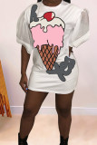 White Fashion Casual Print Patchwork O Neck T-shirt Dress