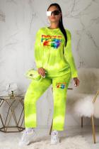 Green Polyester Active Print Straight Long Sleeve Two-piece Pants Set