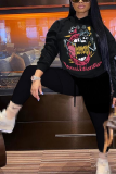 Black Casual Print Letter O Neck Tops