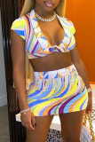 Colour Fashion Sexy Print Basic V Neck Short Sleeve Two Pieces