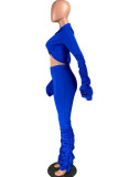 Blue Fashion Casual Adult Twilled Satin Solid Fold V Neck Long Sleeve Regular Sleeve Short Two Pieces