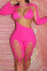 Rose Red Fashion Sexy Solid Hollowed Out Strap Design O Neck Skinny Rompers