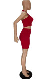 Red Sexy Solid Hollowed Out Backless Halter Sleeveless Two Pieces