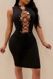 Black Sexy Print Draw String O Neck Pencil Skirt Dresses