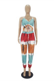 Red Green Sexy Casual Print Tie Dye Backless V Neck Sleeveless Two Pieces