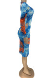 Baby Blue Fashion Sexy Adult Polyester Print Tie-dye O Neck Long Sleeve Knee Length Long Sleeve Dress Dresses