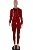 Red Fashion Sportswear Adult Polyester Solid Draw String Hooded Collar Long Sleeve Regular Sleeve Regular Two Pieces