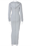 Grey Fashion Casual Solid Split Joint Hooded Collar Long Sleeve Dresses