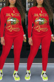Red Fashion Casual Letter Lips Printed Basic O Neck Long Sleeve Two Pieces