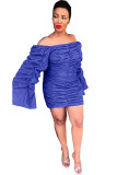 Navy Blue Sexy Bubble sleeves Long Sleeves V Neck Asymmetrical Knee-Length asymmetrical Solid Patchw