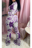 purple Casual Tie Dye Boot Cut Long Sleeve Two Pieces
