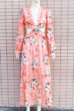 Pink Sexy Print Hollowed Out V Neck Printed Dress Dresses