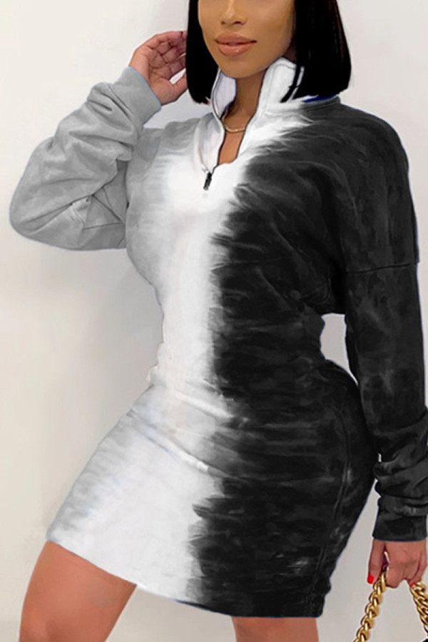 Black Sexy Polyester Gradual Change Print Turndown Collar Long Sleeve Mini Pencil Skirt Dresses