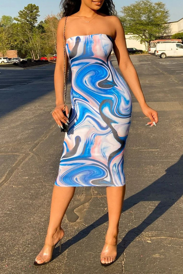 Blue Sexy Print Backless Strapless Sleeveless Dress