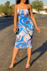Blue Sexy Print Backless Strapless Sleeveless Dress