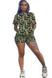 Army Green venetian Fashion Casual adult Ma'am Patchwork Print Character Two Piece Suits Straight Short Sleeve Two Pieces