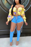 Pink One word collar Long Sleeve Print Tops