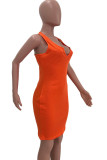 Orange Fashion Sexy Black Pink Orange rose red Tank Sleeveless V Neck Pencil Dress Knee-Length Solid Dresses