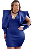 Royal blue Sexy lantern sleeve Long Sleeves V Neck Step Skirt skirt hollow out asymmetrical Solid cha