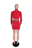 Red Fashion Long Sleeves O neck Hip skirt skirt Patchwork