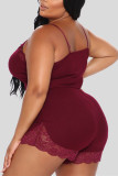 Wine Red Sexy Living Solid Split Joint Spaghetti Strap Sleeveless Two Pieces