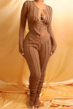 Brown Casual Solid Hollowed Out Split Joint O Neck Long Sleeve Two Pieces