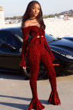 Red Polyester Elastic Fly Long Sleeve Mid Solid Boot Cut Pants Two-piece suit