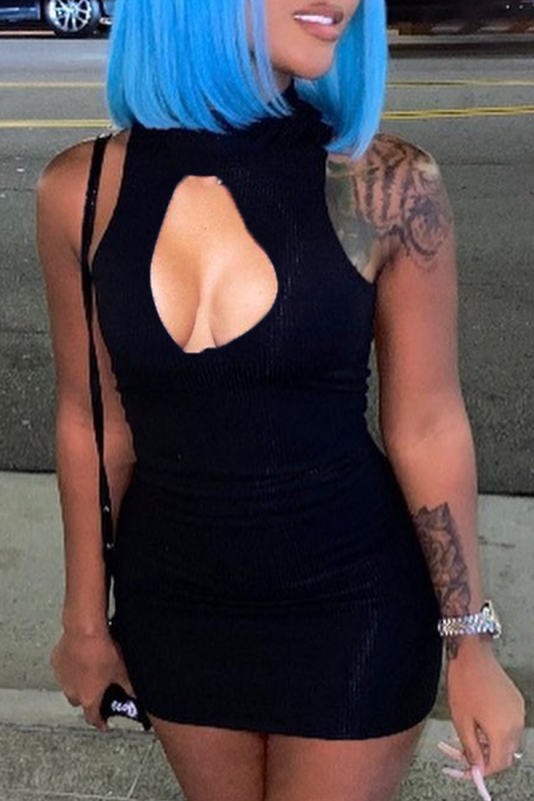 Black Sexy Solid Hollowed Out Halter Pencil Skirt Dresses