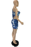 Blue Fashion Sexy Print Hollowed Out Backless One Shoulder Long Sleeve Dresses