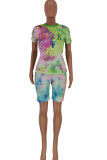 Cyan Polyester Fashion Casual Print Tie Dye Two Piece Suits pencil Short Sleeve Two Pieces