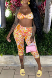 Yellow Sexy Print Patchwork Spaghetti Strap Sleeveless Two Pieces